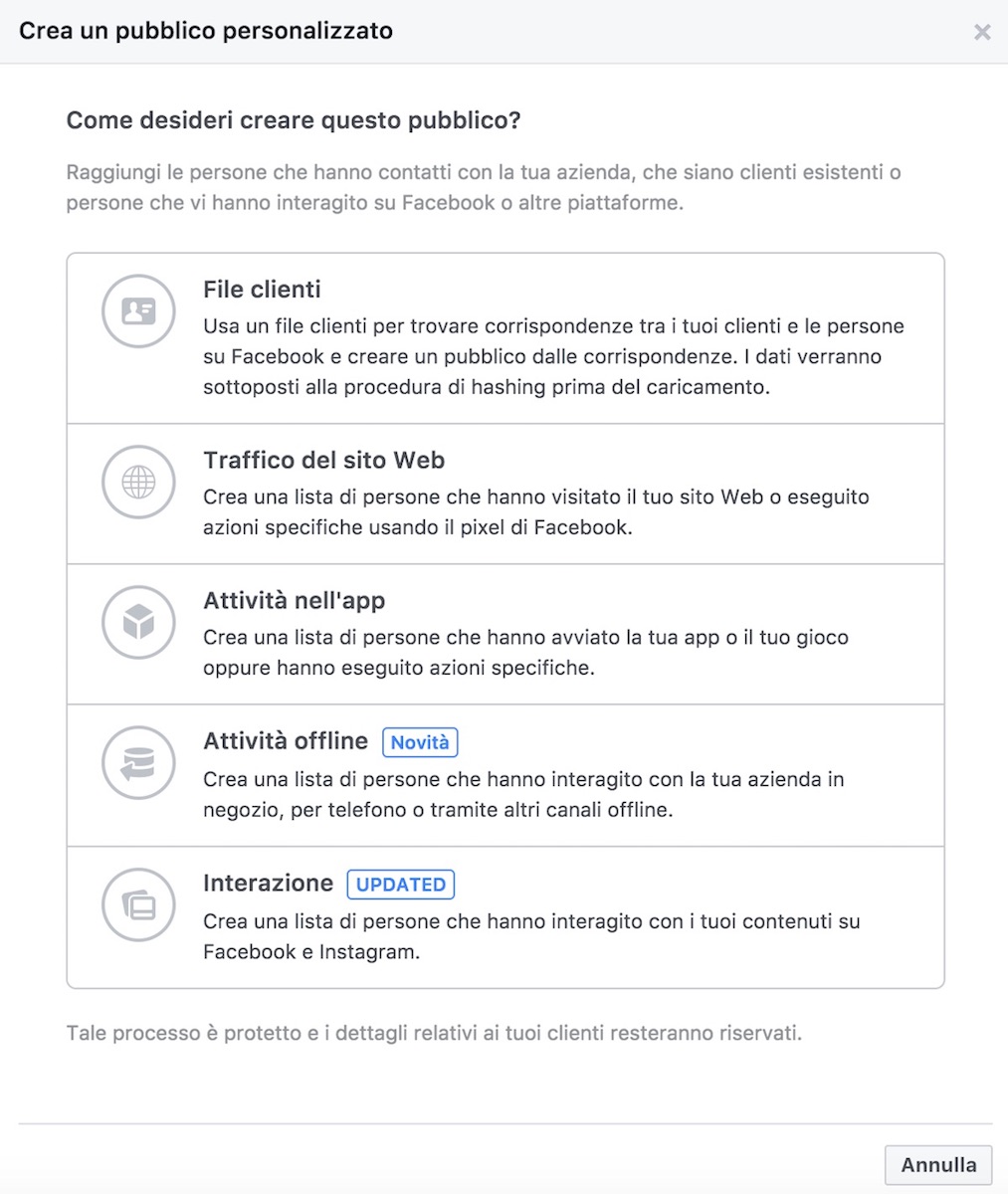 pubblico personalizzato facebook o Facebook custom audience