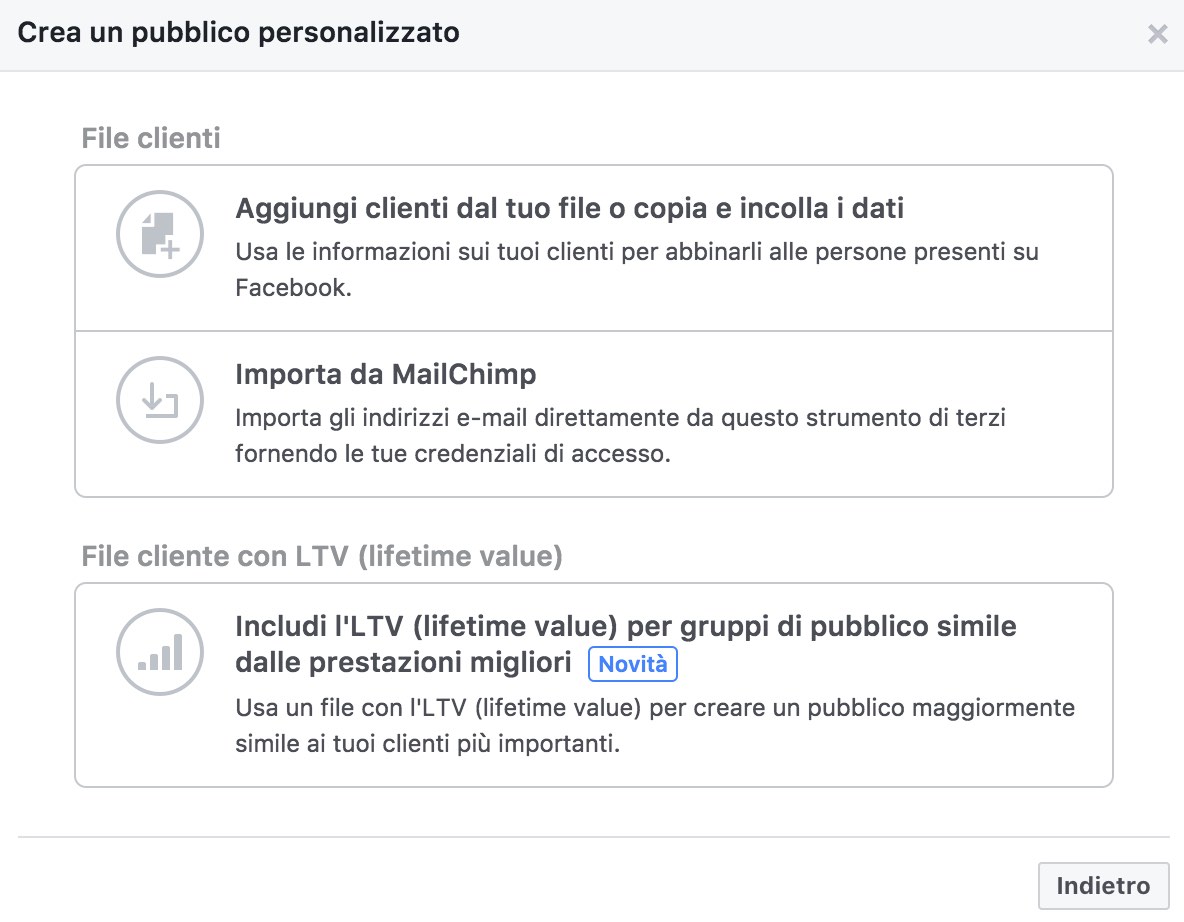 crrazione di un pubblico personalizzato facebook custom audience dei propri contatti