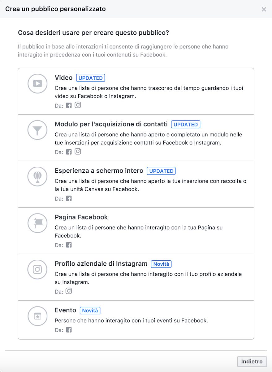 creazione pubblico personalizzato facebook dalle interazioni