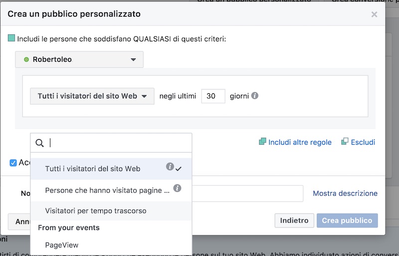 configurazione pixel monitoraggio facebook per pubblico personalizzato facebook custom audience